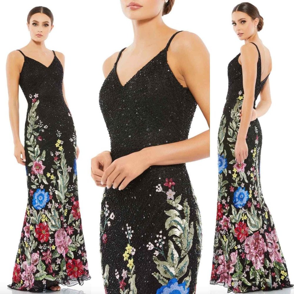 Mac Duggal Black Beaded Maxi Dress with Multicolor Floral Embroidery Accents